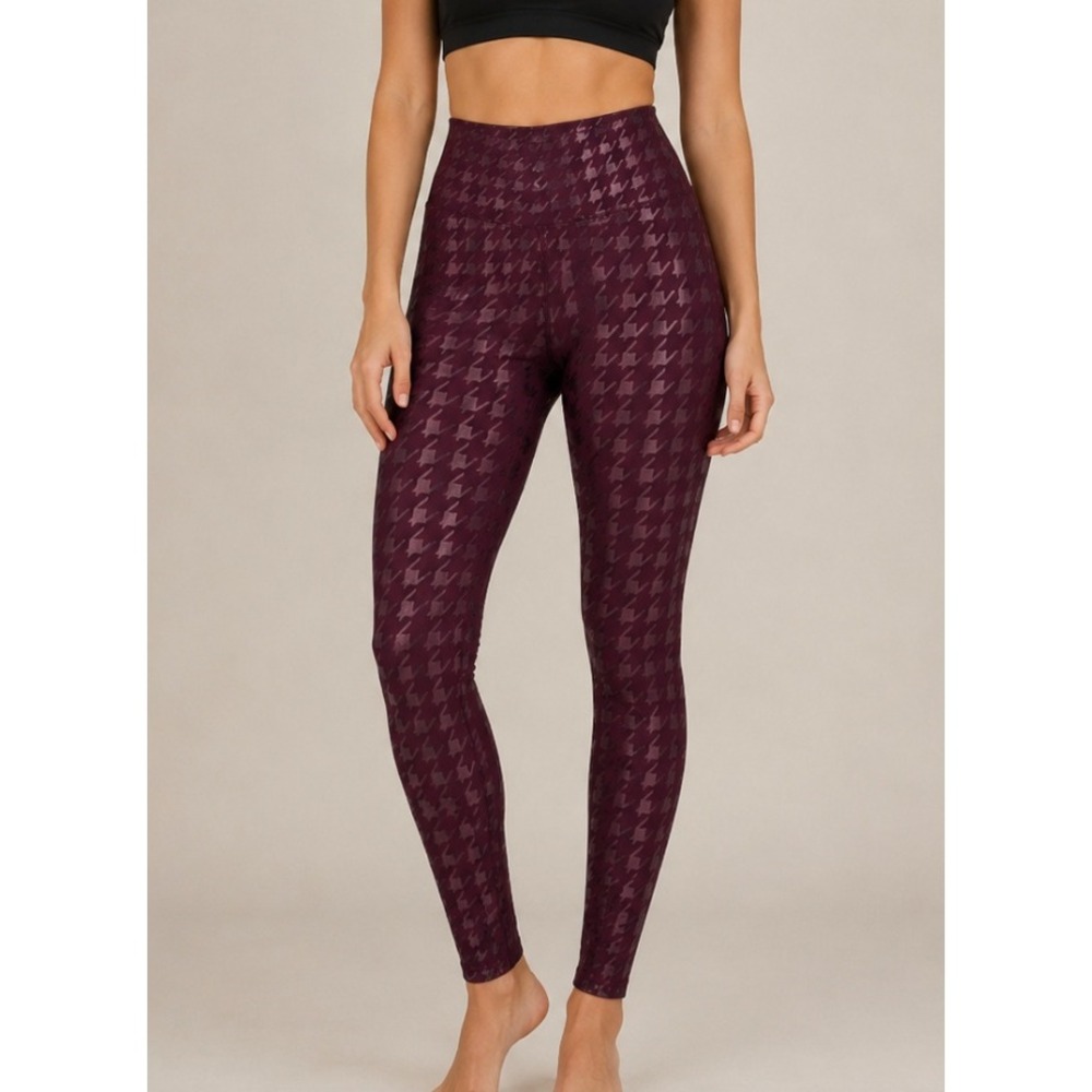 Peloton Womens Burgundy Metallic Houndstooth High Rise Leggings Size S Wine Red‎